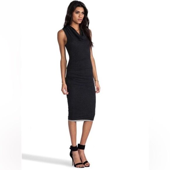 STANDARD JAMES PERSE Midi Dress Sz 4 L Dark Gray Cowl Neck Ruched Lined NEW - Picture 2 of 16